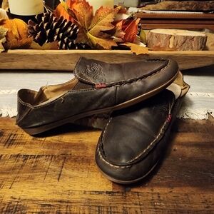 OluKai Brown Leather Slip-On Loafers